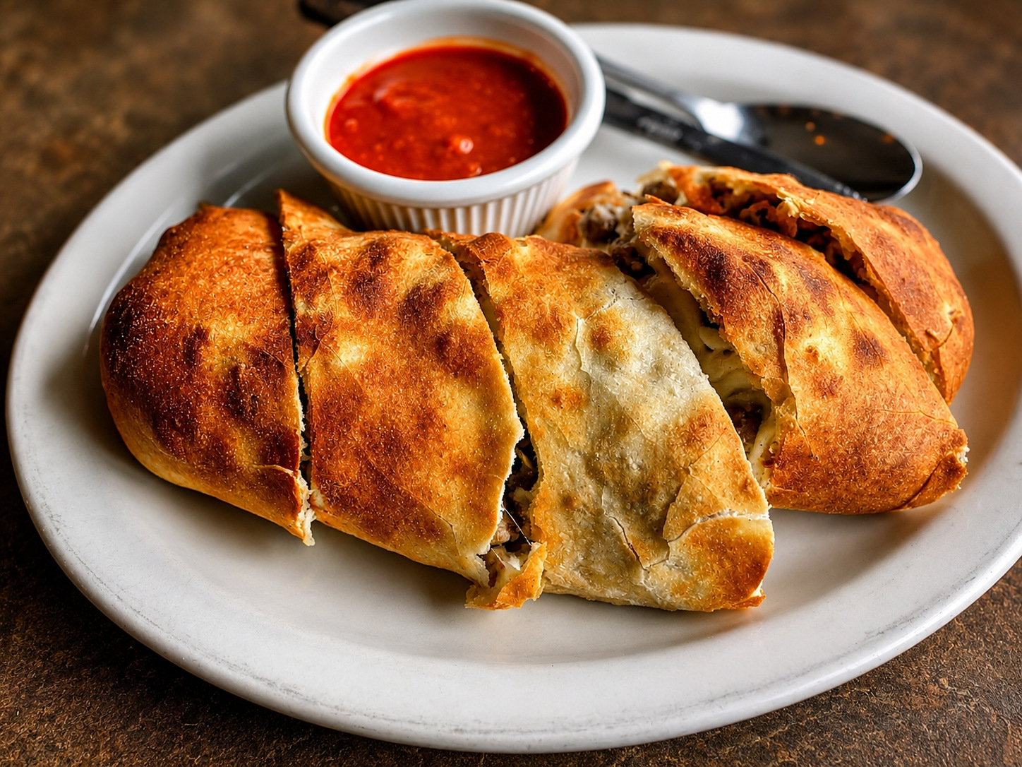 Folded and baked calzone served with tomato sauce