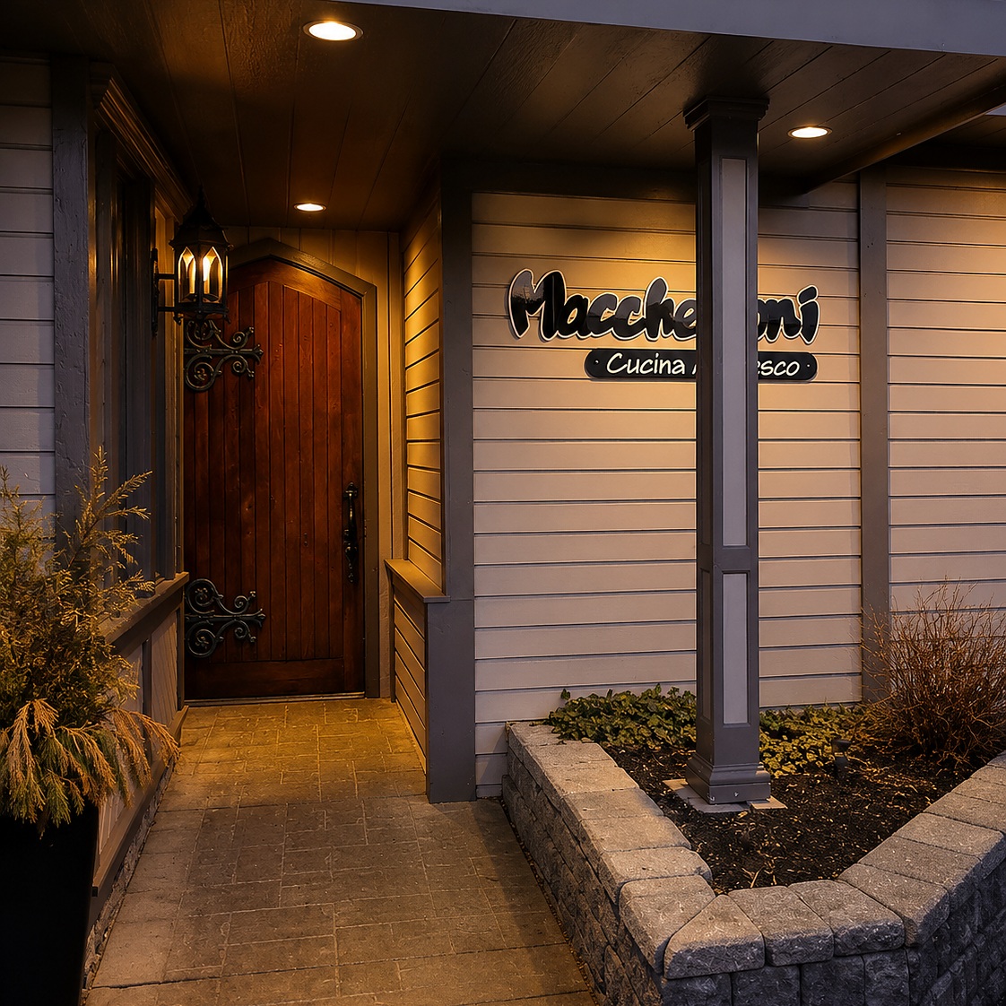 Warm evening entrance of Maccheroni Cucina Alfresco